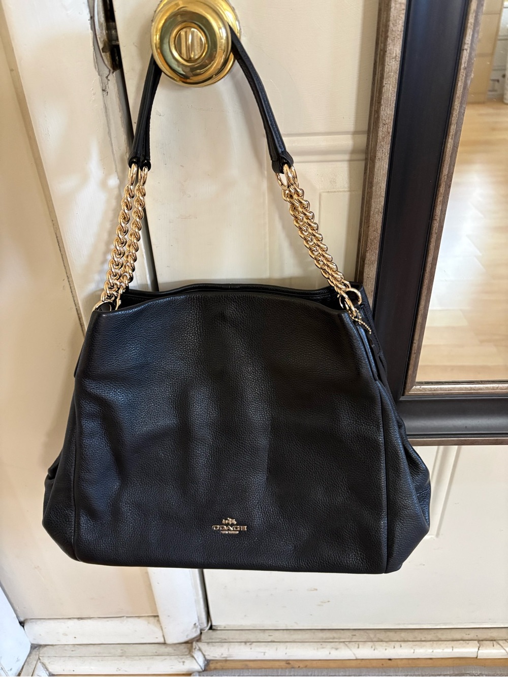 Coach Black Pebbled Leather Tote with Gold Chain Straps